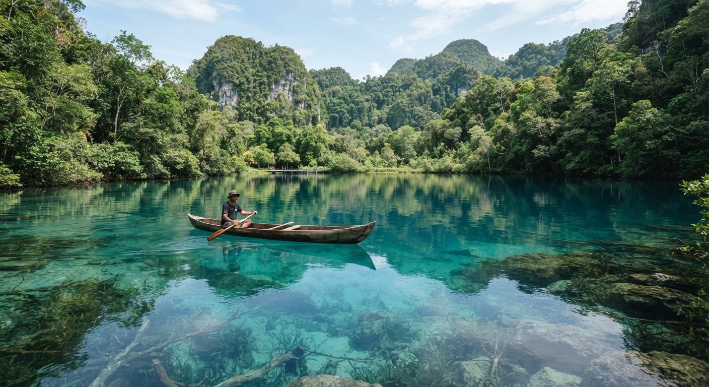 Paisu Pok Lake with canoe floating on clear water