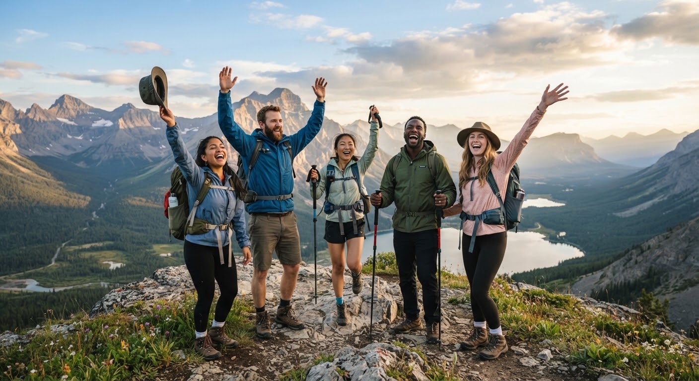 Travelers joyfully cheering outdoors in nature